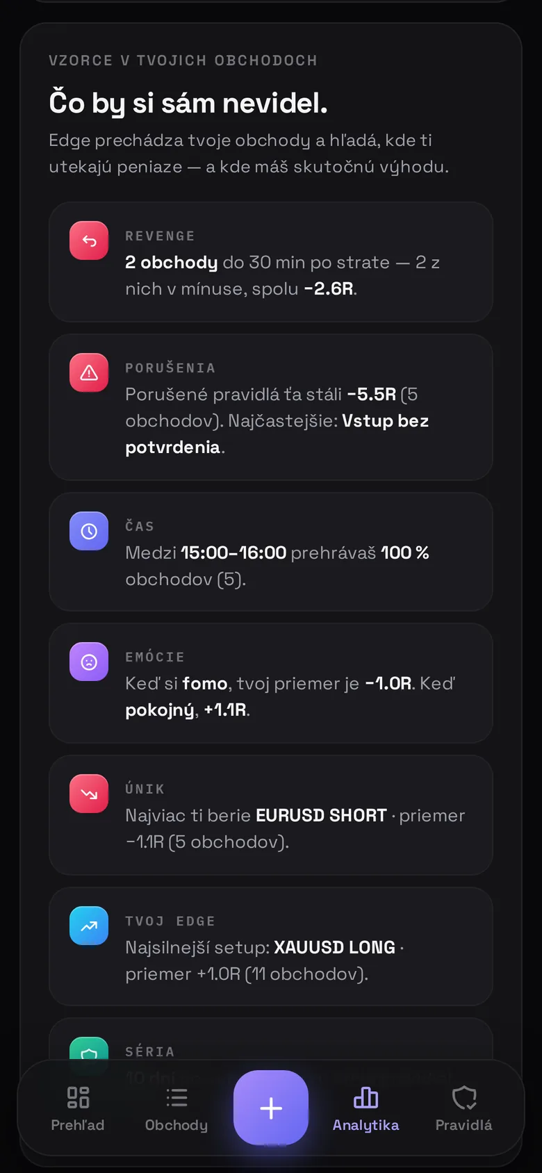 Vzorce v Edge: revenge obchody, porušenia, čas, emócie a únik